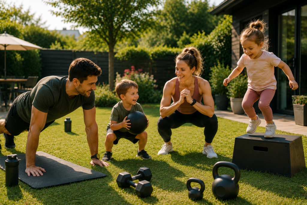 Jong gezin aan het sporten in de tuin